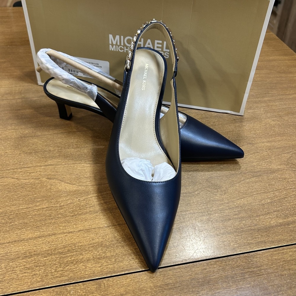 Michael Kors Marcia Kitten Sling Pump Heels Womens 8.5 Blue Leather Pointed Toe